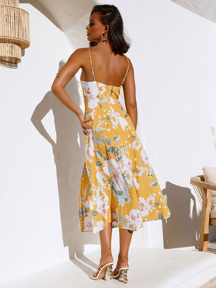 Print Midi Dresses Floral Print Spaghetti Straps Cowl Neck Sleeveless Backless Side Slit Chic Summer Dresses