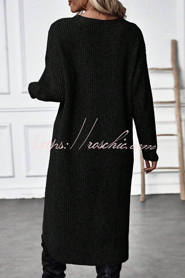 Essence Solid Wrap Hem Knitted Long Sleeve Midi Sweater