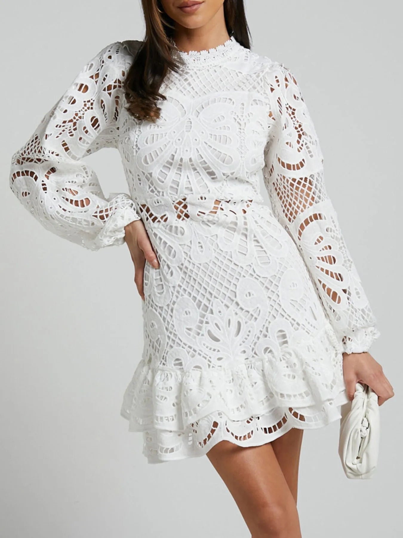 Floral Guipure Lace Mock Neck Bell Sleeve Tiered Ruffle Hem Mini Dress