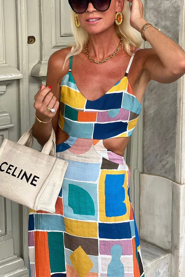 Linen Blend Colorful Unique Print Cutout Back Tie-up Maxi Dress