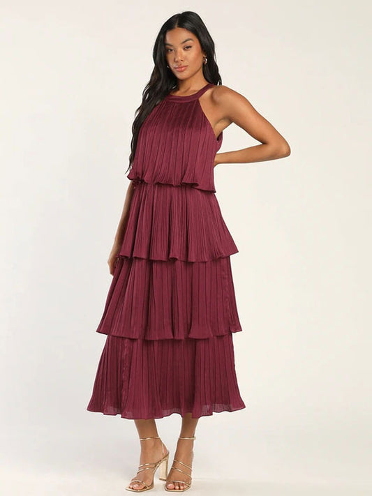 Layered Dress Halter Round Neck Sleeveless Graduation Party Midi Dresses