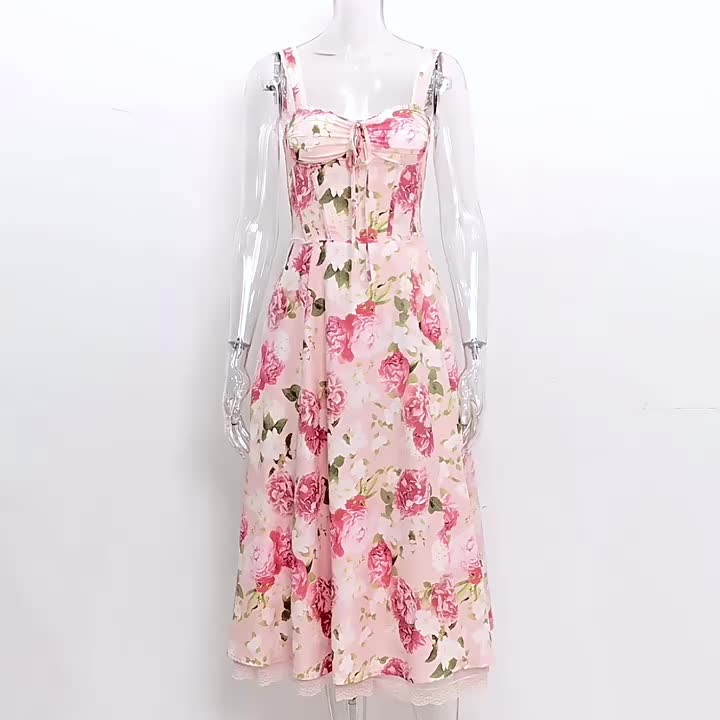 Corset Dress Floral Wide Strap Backless Trendy Brunch Party Midi Dresses