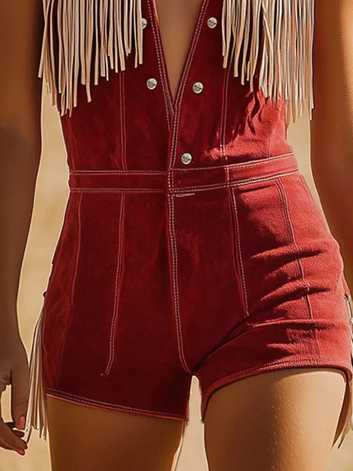 Women's Western Red Suede Tassel Playsuit – Cowboy Fringe Button Romper