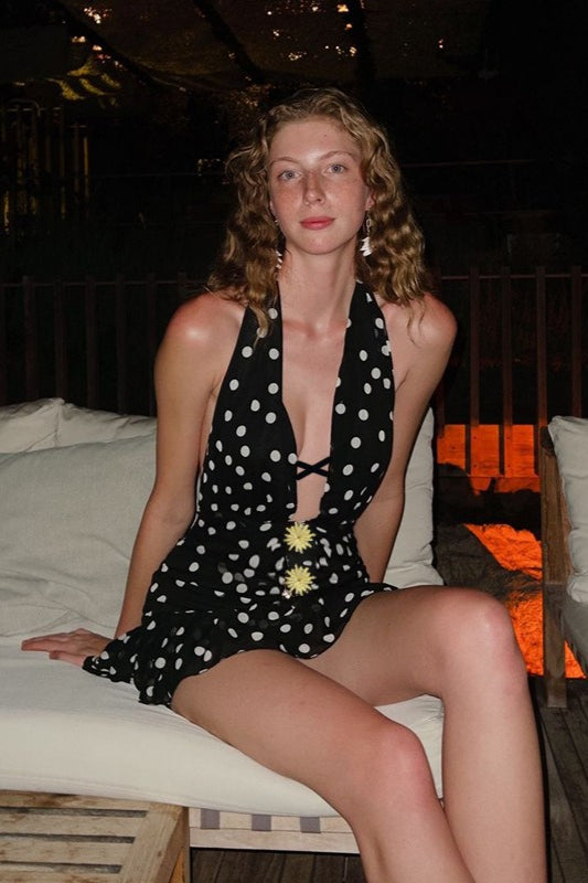 Polka Dot Halter Plunging V-Neck Floral Accent Ruffle Hem Romper