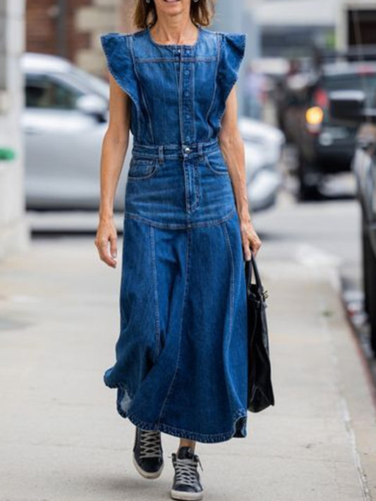 Stylish Plain Crew Neck Cap Sleeve Spliced Denim Midi Dress