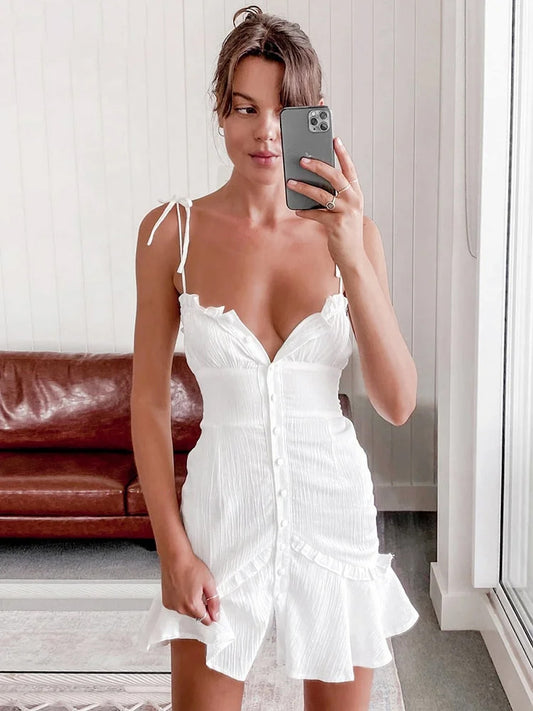 Little White Dress Tie Strap Buttons Front Backless Graduation Mini Dresses