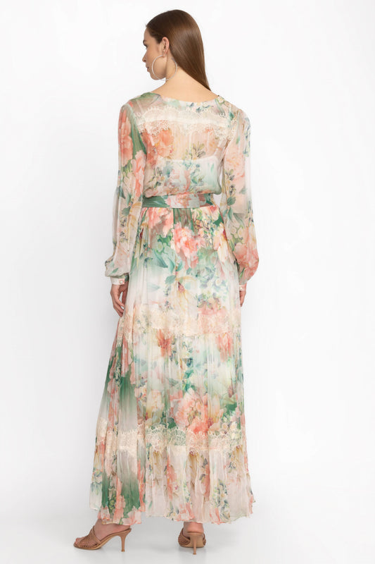 Floral Bottom Long Sleeve Midi Dress With Belt