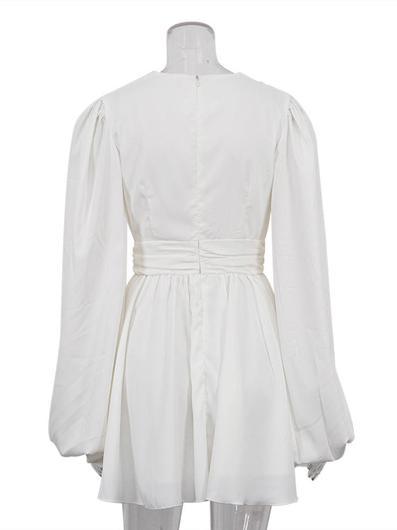 Skater Dresses V-Neck Long Sleeves Pleated Sexy Flared Dress Mini Dresses