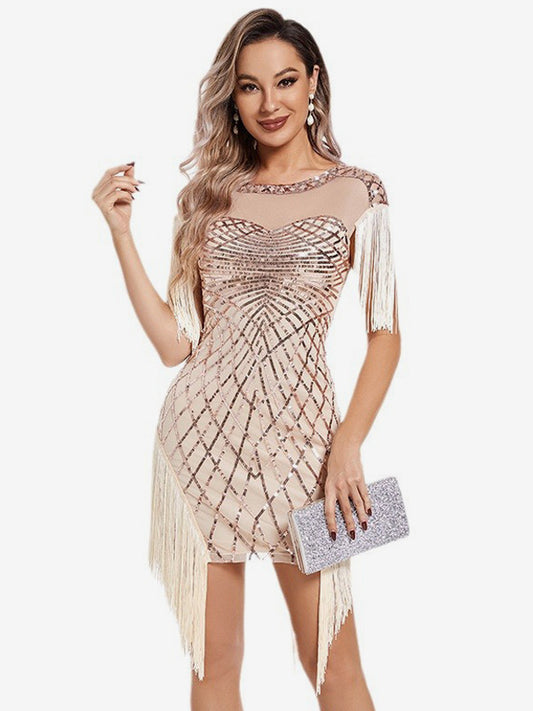 Vintage Champagne Dress Illusion Yoke Tassel Short Swing Mini Dresses