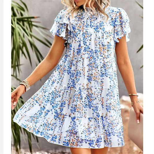 Bohemian Print Mini Dress with Round Neck for Women