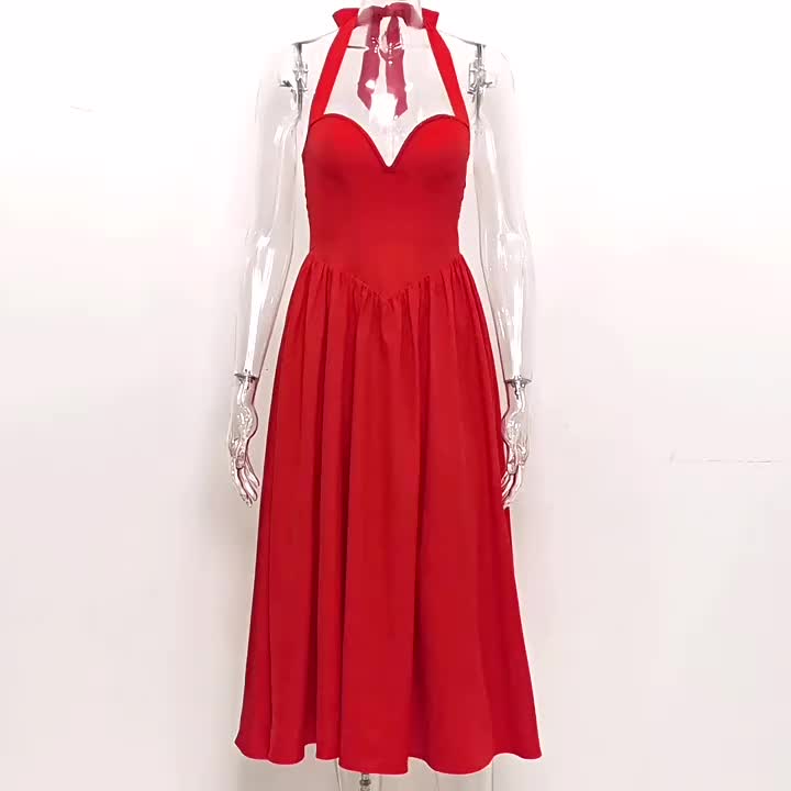 Corset Dress Halter Wide Strap Backless Party Midi Dresses In Solid Color