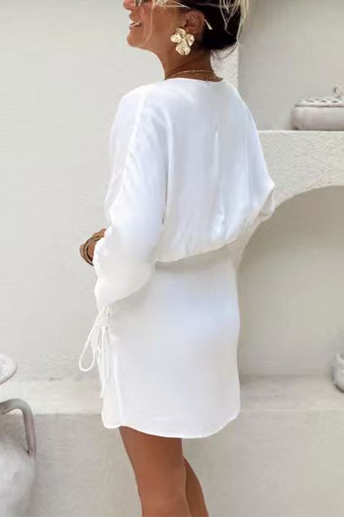 Wrap V Neck Side Drawstring Satin Mini Dress