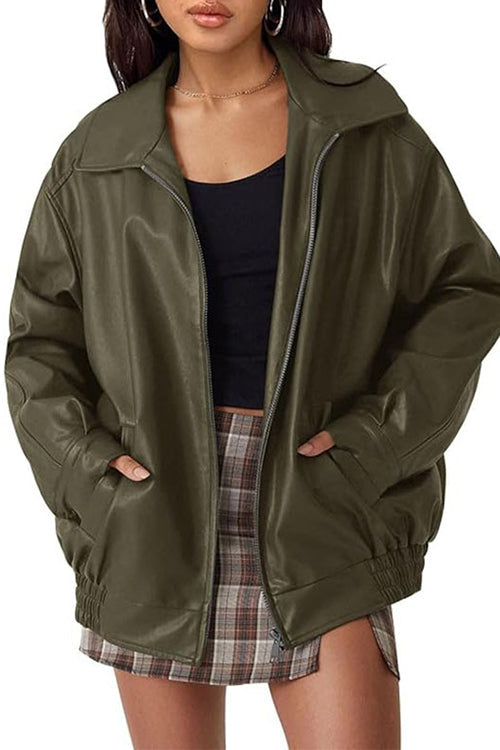 Margovil Lapel Zip Up Faux Leather Pocketed Jacket
