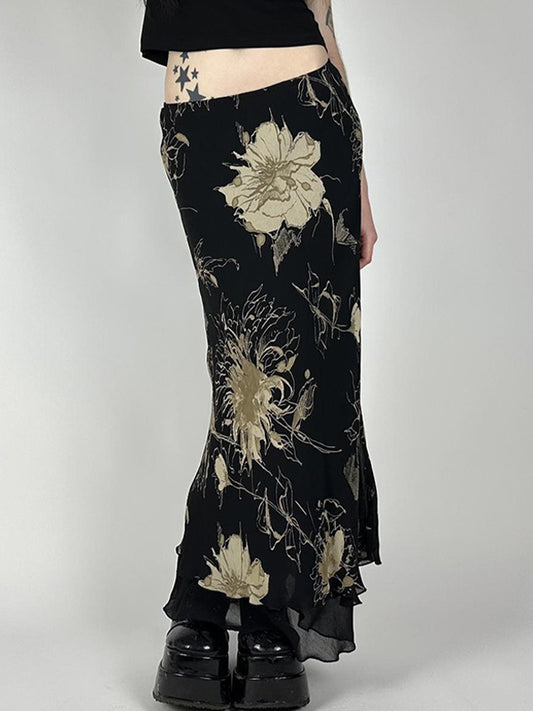 European And American Style Retro Tie-Dye Floral Print Mesh Maxi Skirts