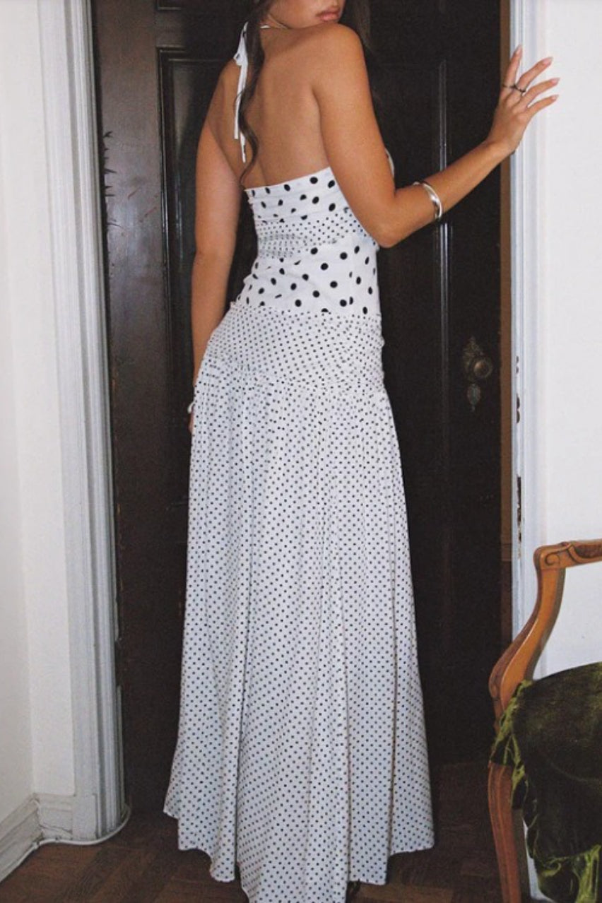 | Lace Square Neck Polka Dot Maxi Dress