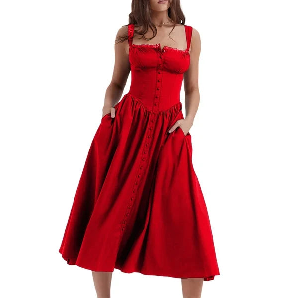 Lace Trim Corset Button Front Basque Waist Fit and Flare Midi Dress