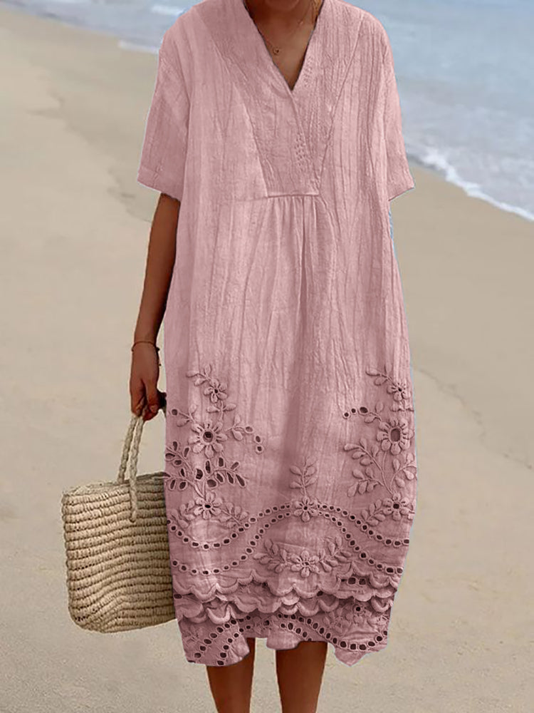 Eyelet Floral Embroidery V-Neck Short Sleeve Scalloped Hem Midi Dress
