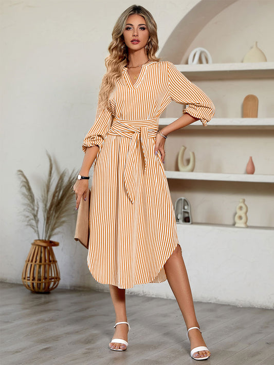 Midi Dress Blue V-Neck Stripe Print Long Sleeves Fall Dress For Women