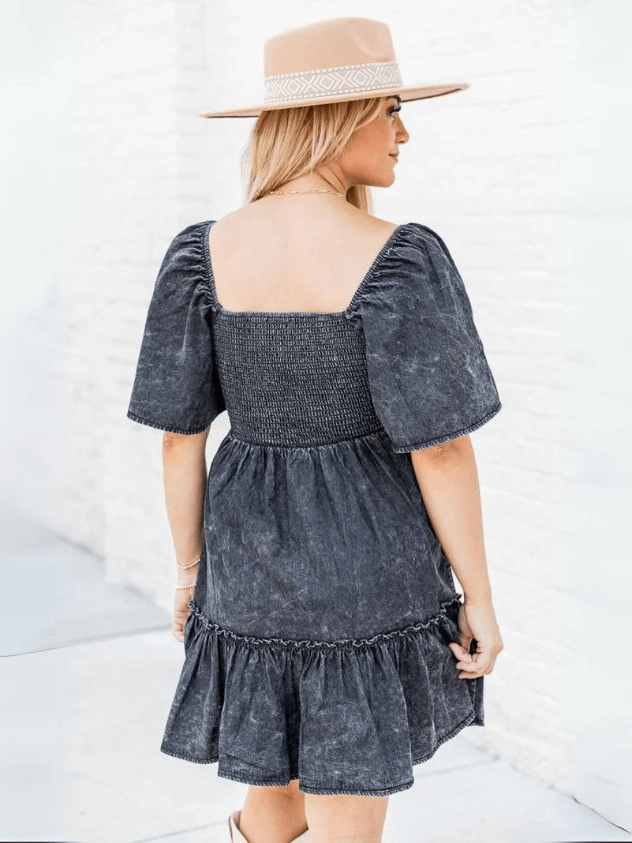 Sonesta Babydoll Denim Mini Dress - Black
