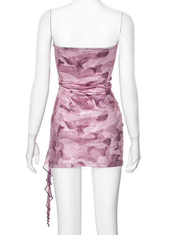Printed Dress Off The Shoulder Backless Ruffles Sheath Mini Dresses