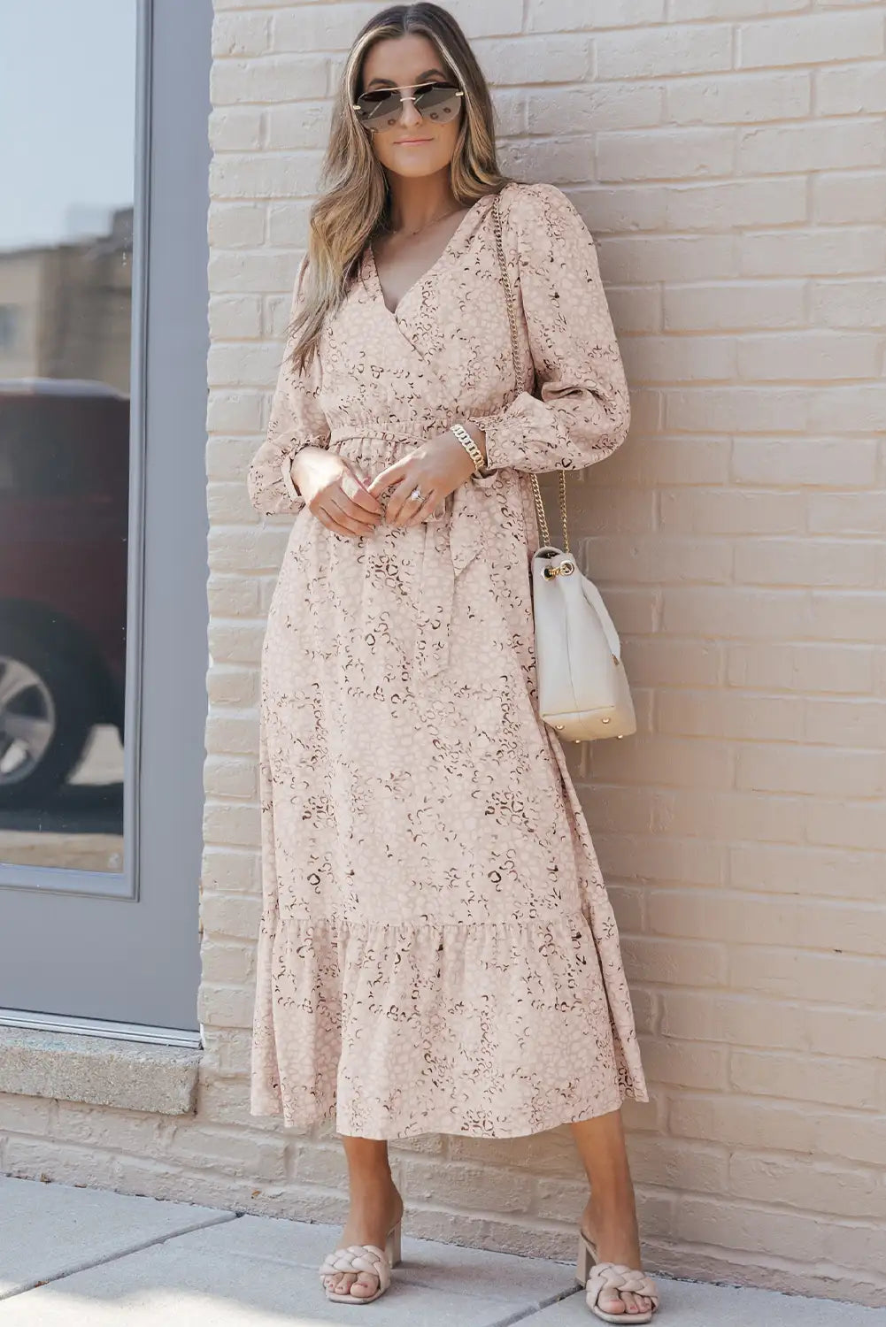 leopard surplice neck bubble sleeve maxi dress cheetah