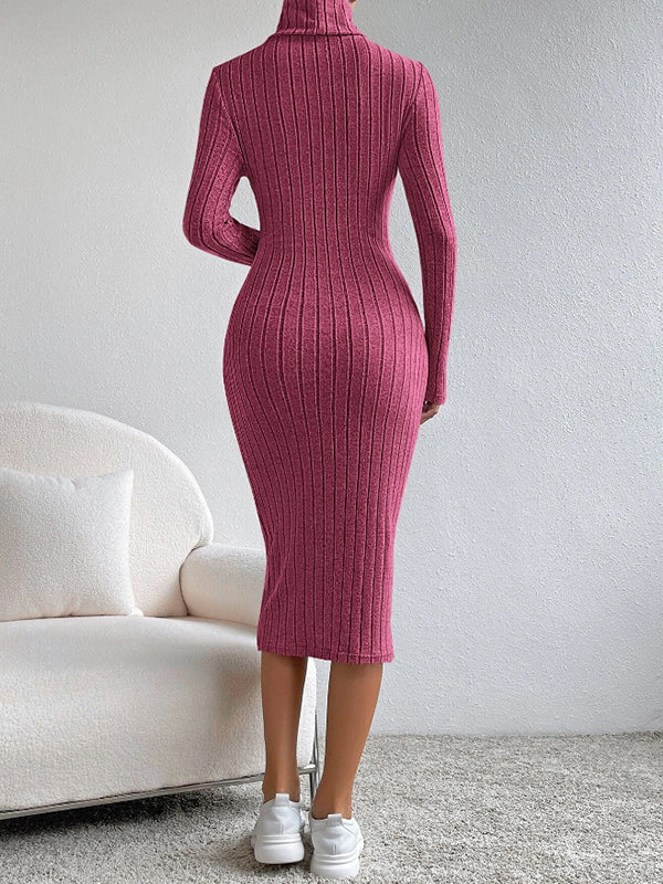 Long Sleeves Skinny Solid Color Split-Joint High Neck Midi Dresses Sweater Dresses