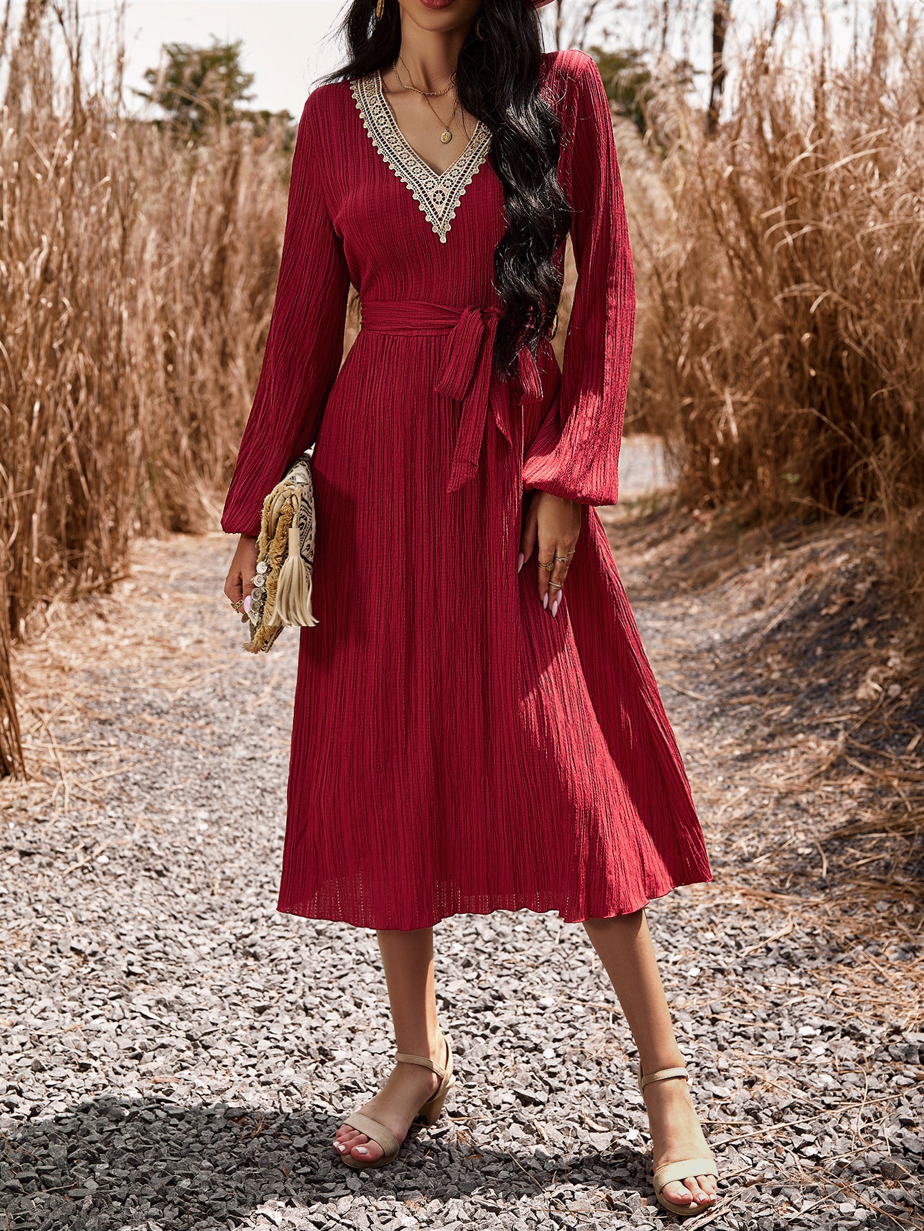 Bohemian Dress V-Neck Lantern Sleeves Belted Midi Dresses