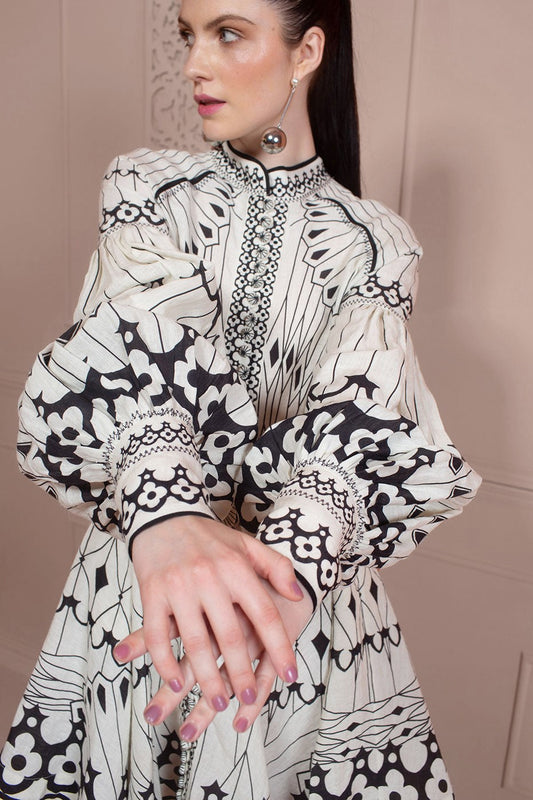Geometric Patterns Button Long Sleeve Mini Dress With Belt