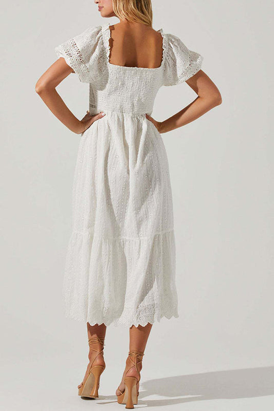 Solid Color Slim Short Sleeve Lace Midi Dress