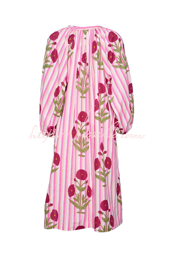 Lara Linen Blend Floral Stripe Print Button Up Belt Pocketed Kaftan Midi Dress