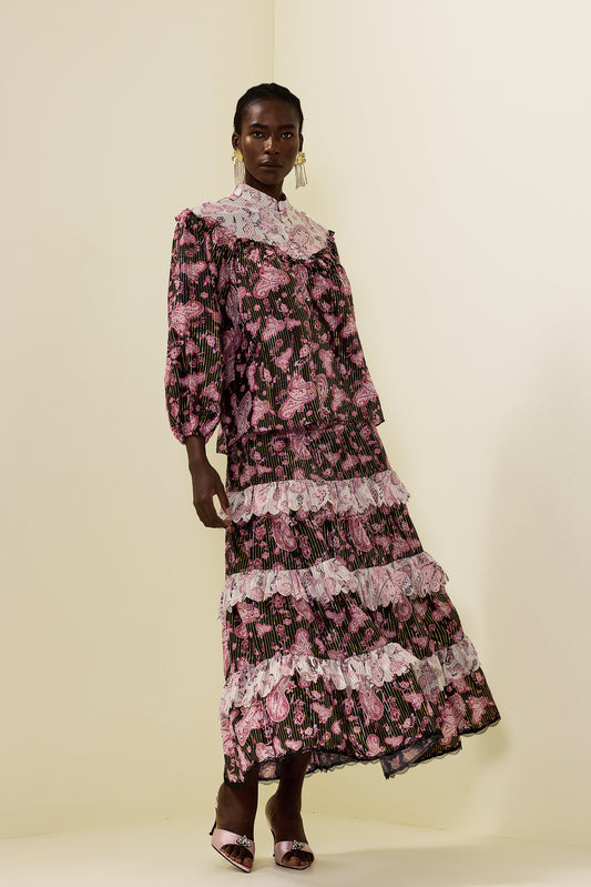 Paisley Print Gold Foil Stamping Midi Dress