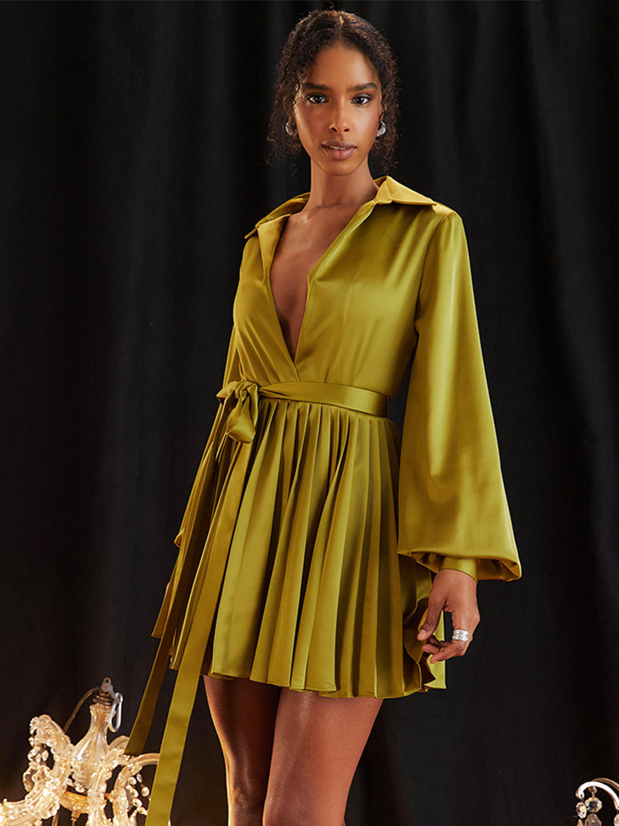 Shirt Dresses Olive V-Neck Pleated Long Sleeves Satin Fabric Mini Dresses Dresses