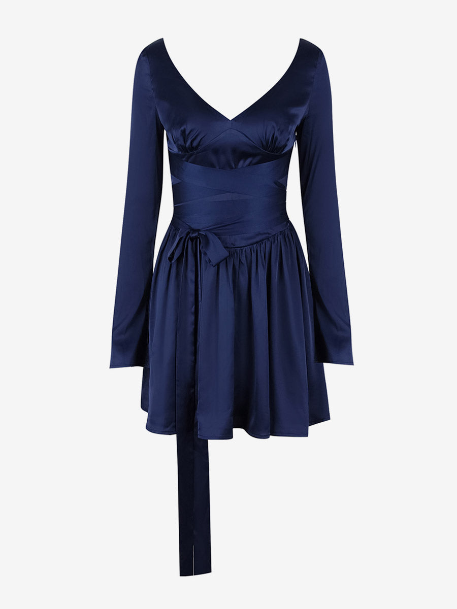 Flared Dress V-neck Long Sleeves Belted Lace Up Party Mini Dresses