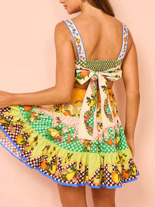Tropical-Fruit Ruffle Mini Dress