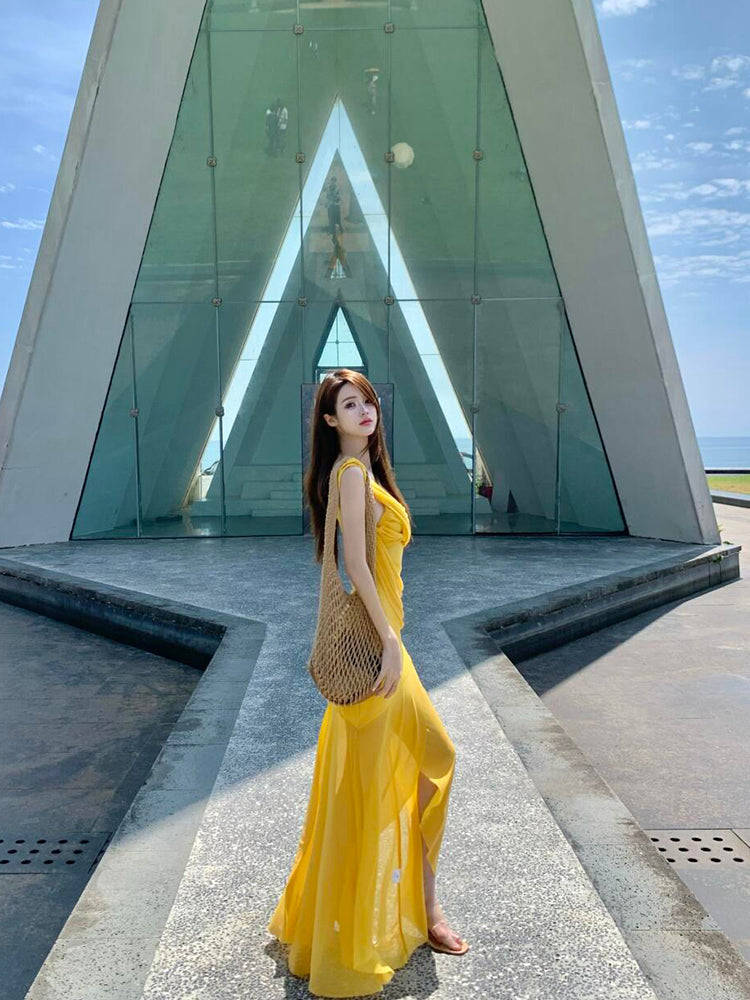 Golden Mesh Ruffle V-Neck Maxi Dress – Flowing & Photogenic Beach Gown