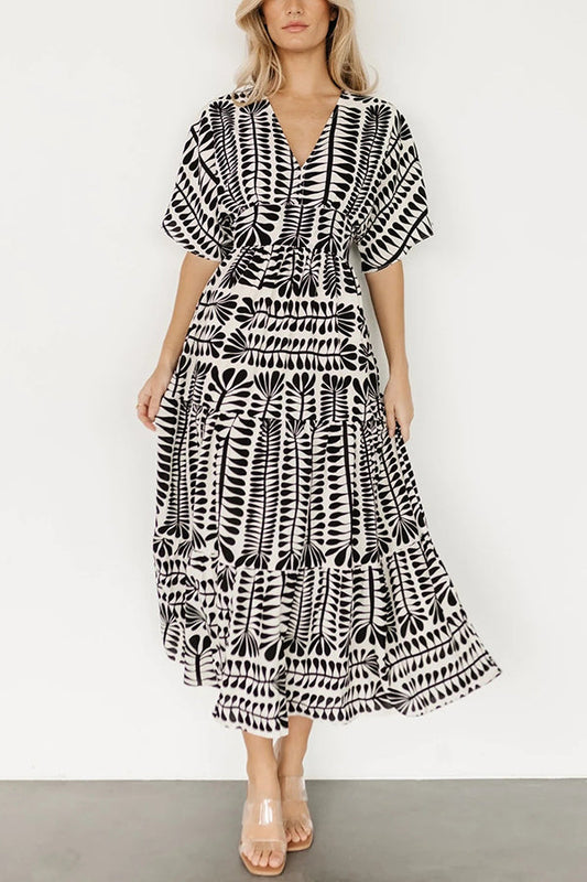 Bohemian Style Unique Printed Short Sleeve High Waist Midi Dress
