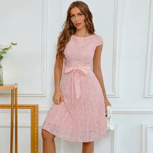 Lace Cap Sleeve Belted Fit and Flare Cocktail Midi Dress