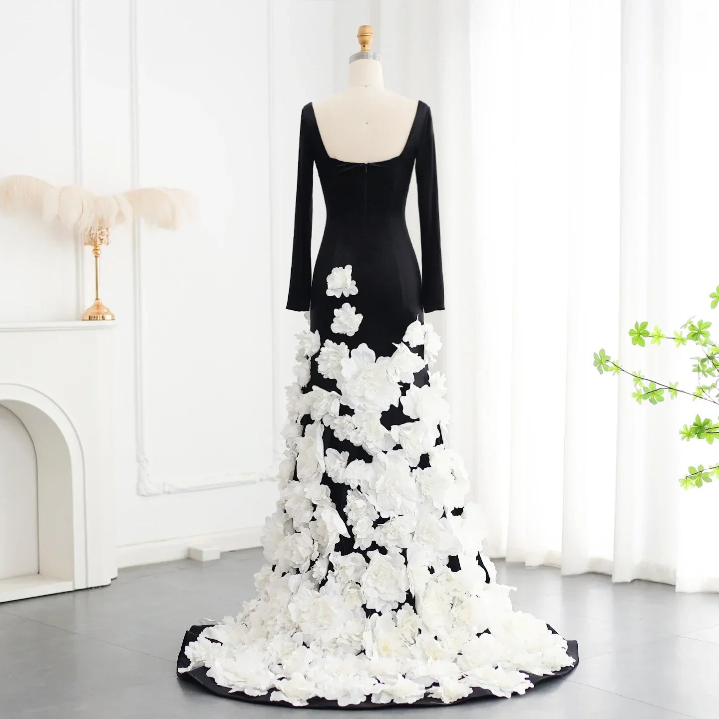 3D Flowers Black Velvet Strapless Evening Dress with Gloves