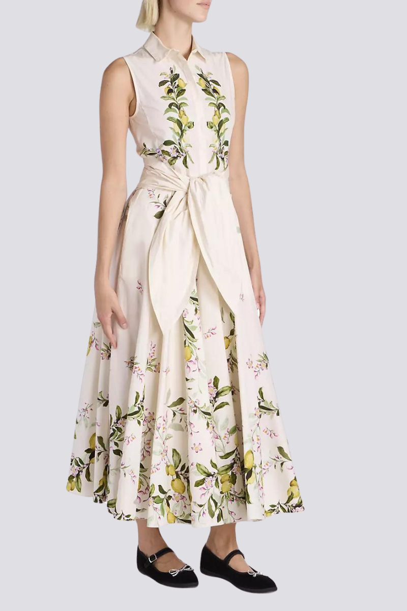 Lemon Floral Print Sleeveless Collared Tie Waist A-Line Midi Dress