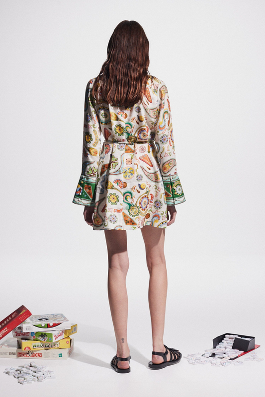Paisley Print Long Sleeve Drawstring Waist Border Trim Shirt Mini Dress