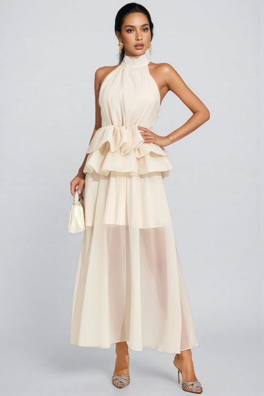 Minnk Apricot Halter Ruffle Maxi Dress