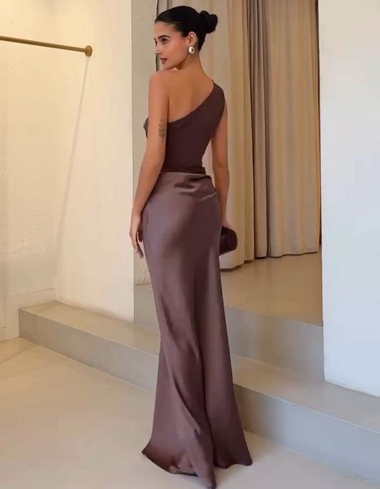 | Sculpted Drape Satin Evening Gown