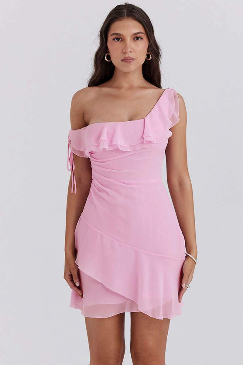 One-Shoulder Ruffle Tie-Strap Ruched Tiered Hem Mini Dress