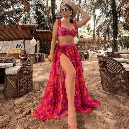 | Ruffled Bikini and Slit Skirt Set - Pink