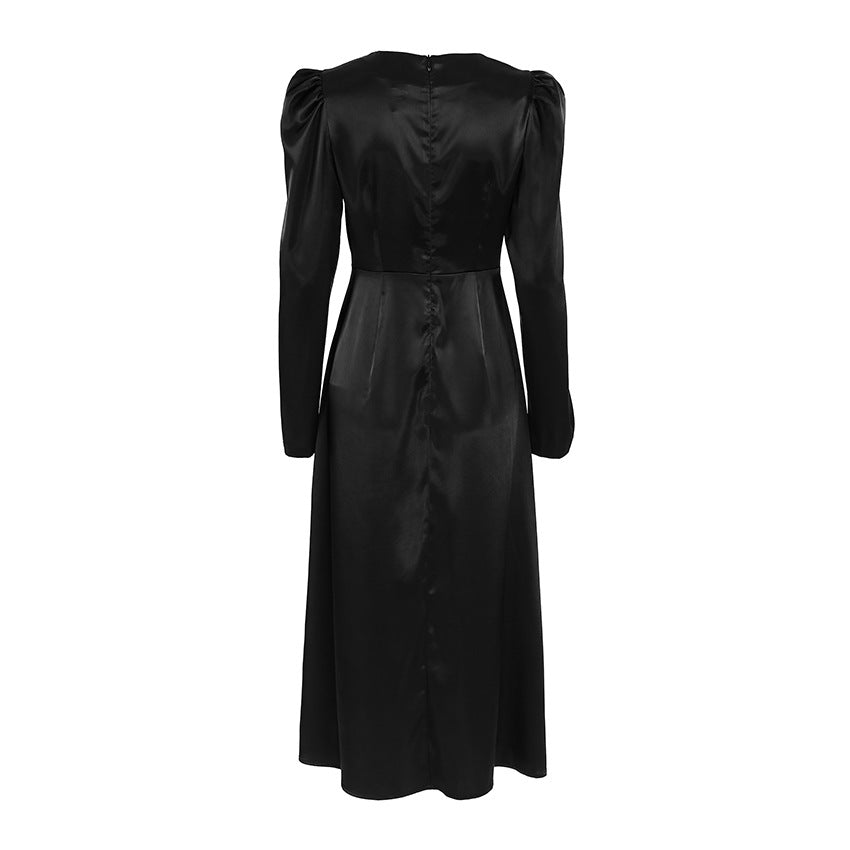Black Thick Matte Satin round Neck Puff Sleeve Russian Office