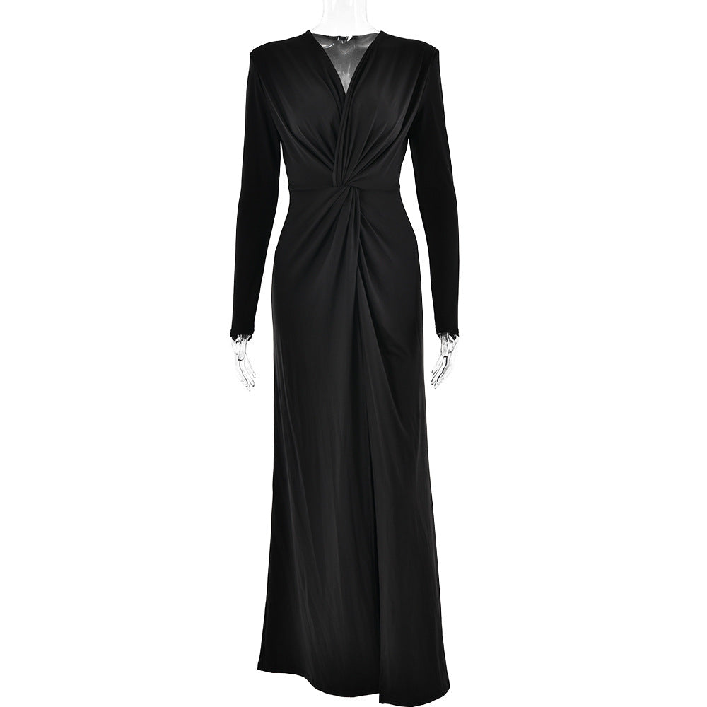 Plunging V-Neck Ruched Twist Waist Long Sleeve Thigh Slit Maxi Dress