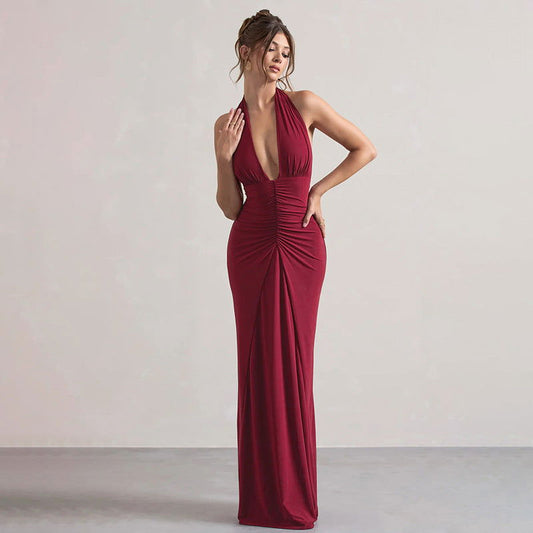 Elegant Slim Fit V neck Halter Pleated Slimming Foundation Dress