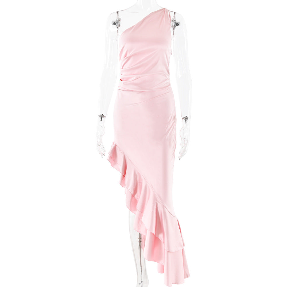 Oblique Shoulder Sleeveless Hip Backless High Slit Slim Fit Dress