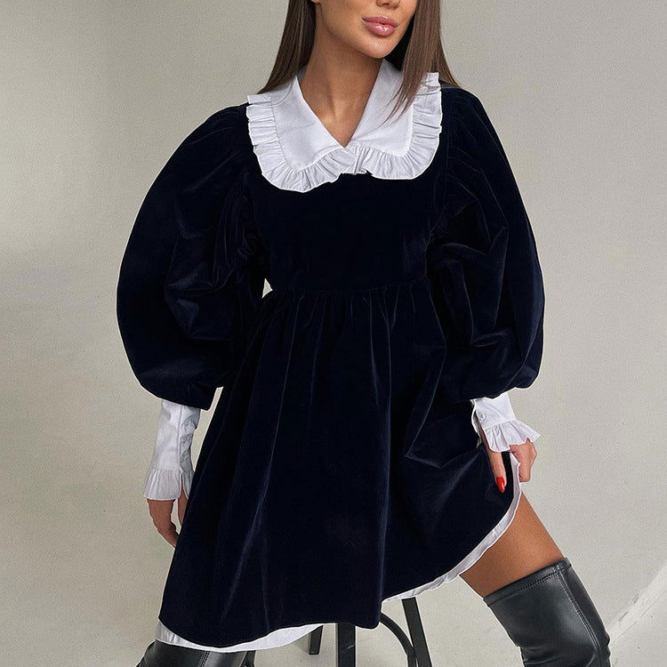 Design French Doll Collar Casual Velvet Black Dress Dress Petti dress for