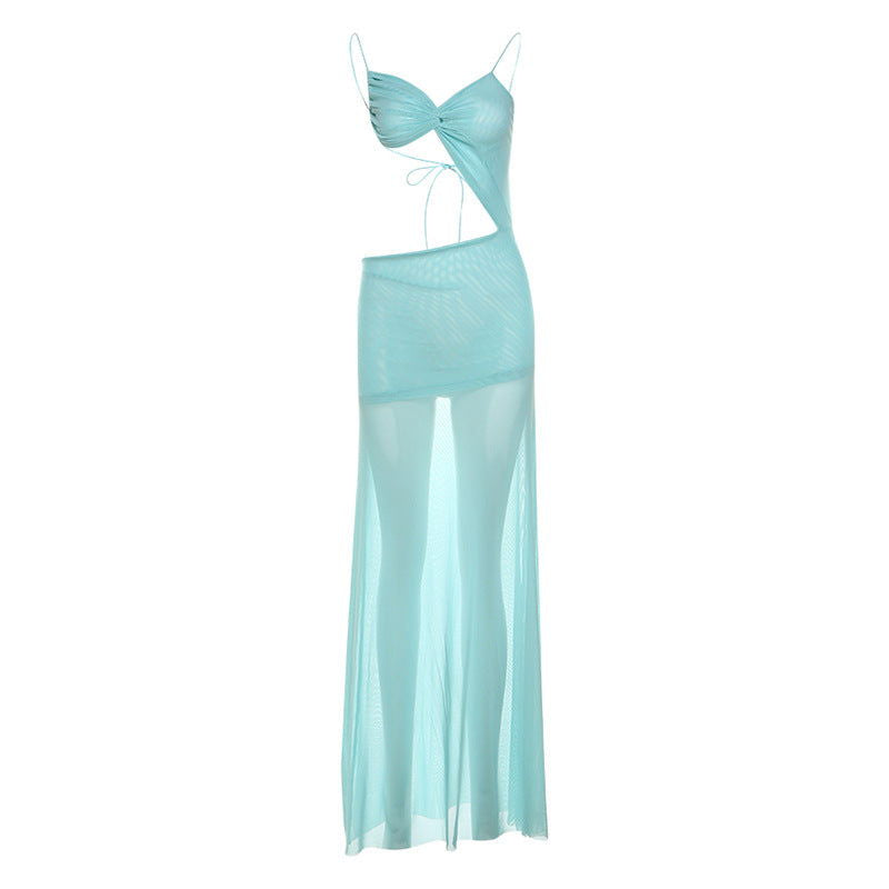 Twist Front Waist Cutout High Slit Mesh Maxi Dress